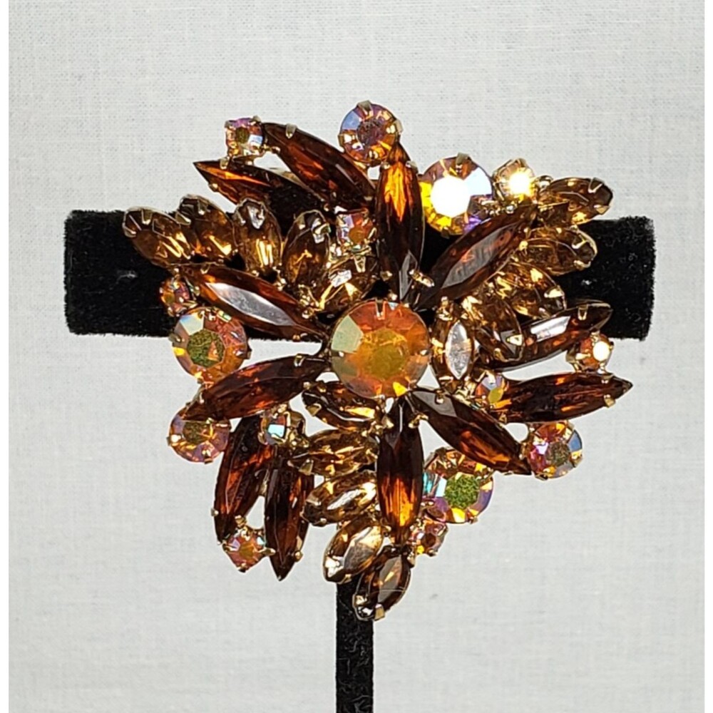 Vintage 1960's Amber Color Navettes with Aurora Borealis Stones Brooch